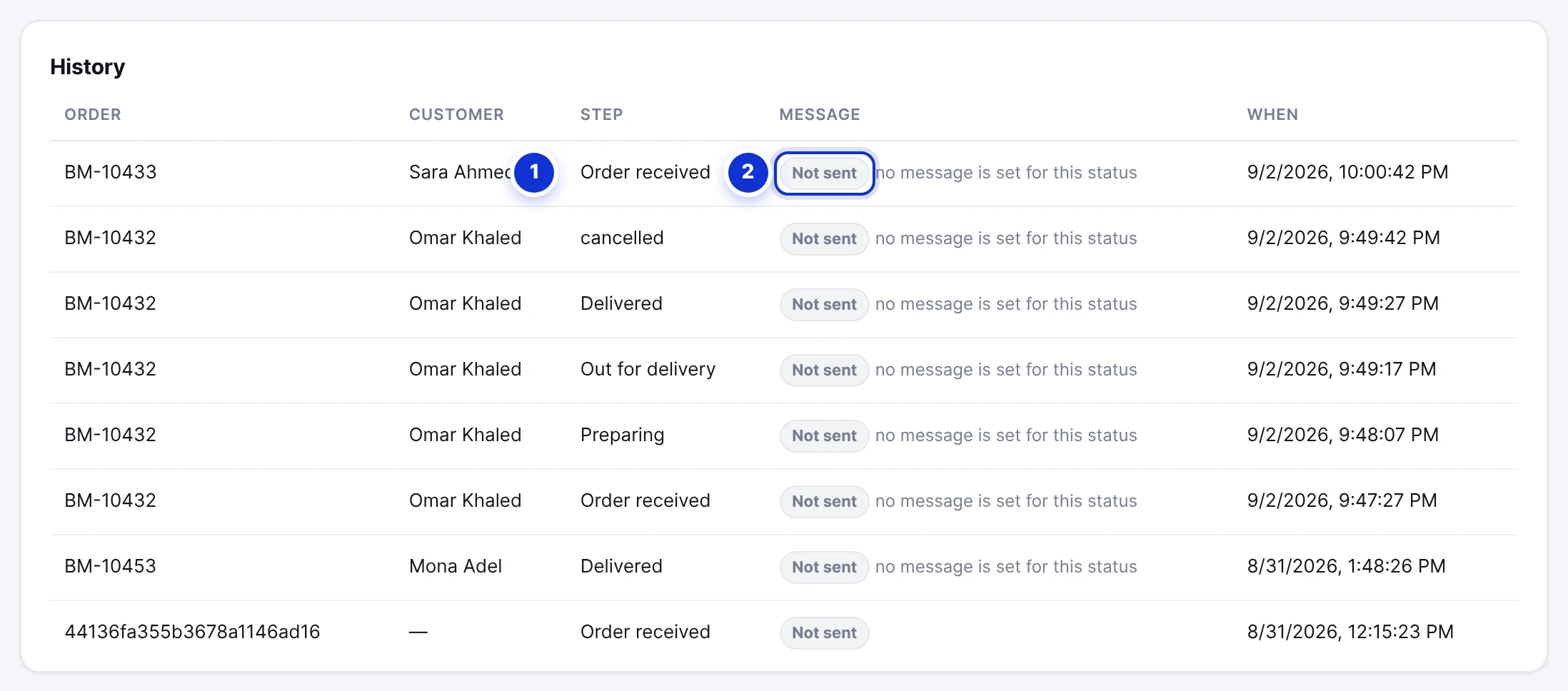 The History tab: every order event and what happened to its message.