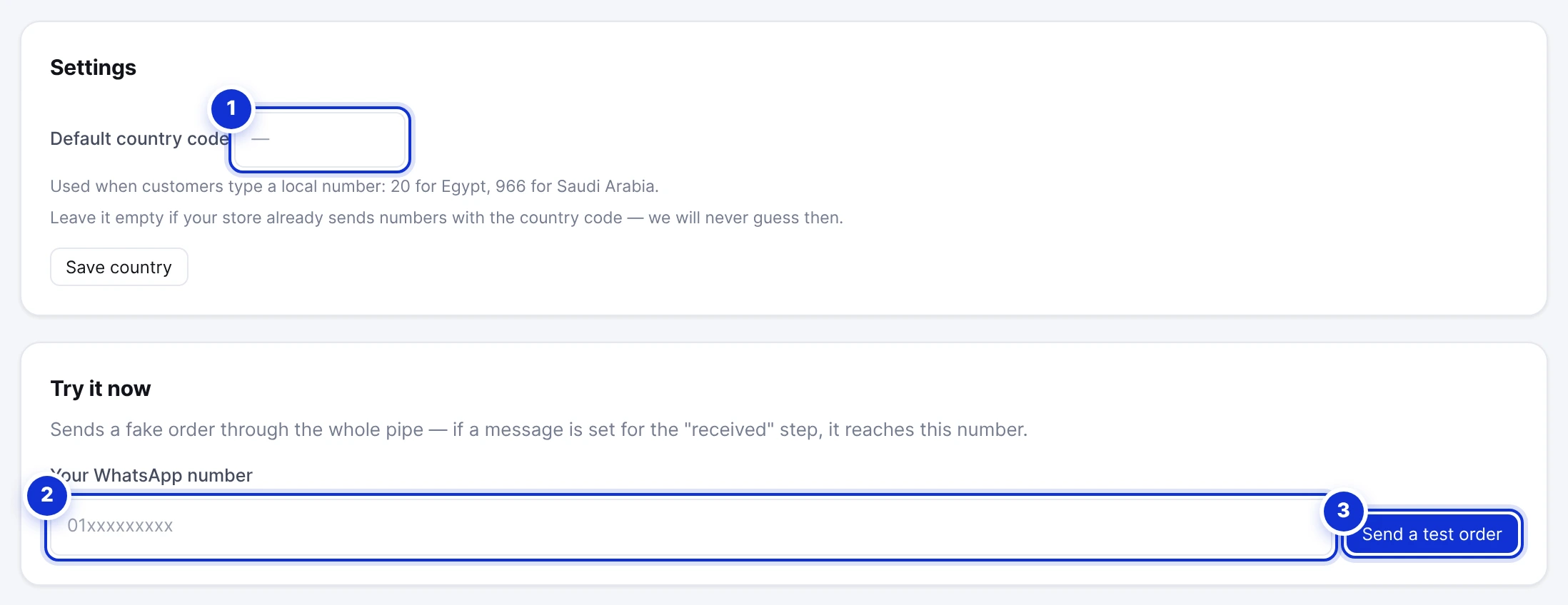 Below the connection: the default country code and the test order.