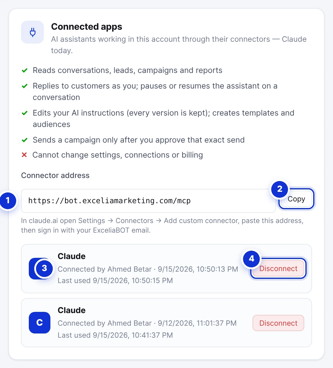 Security → Connected apps, with Claude connected.