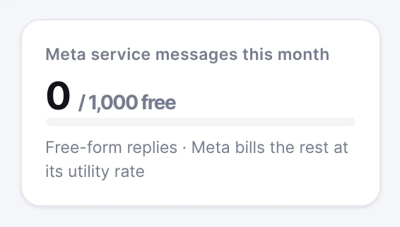 The Overview card that counts this month’s service messages against Meta’s free allowance.