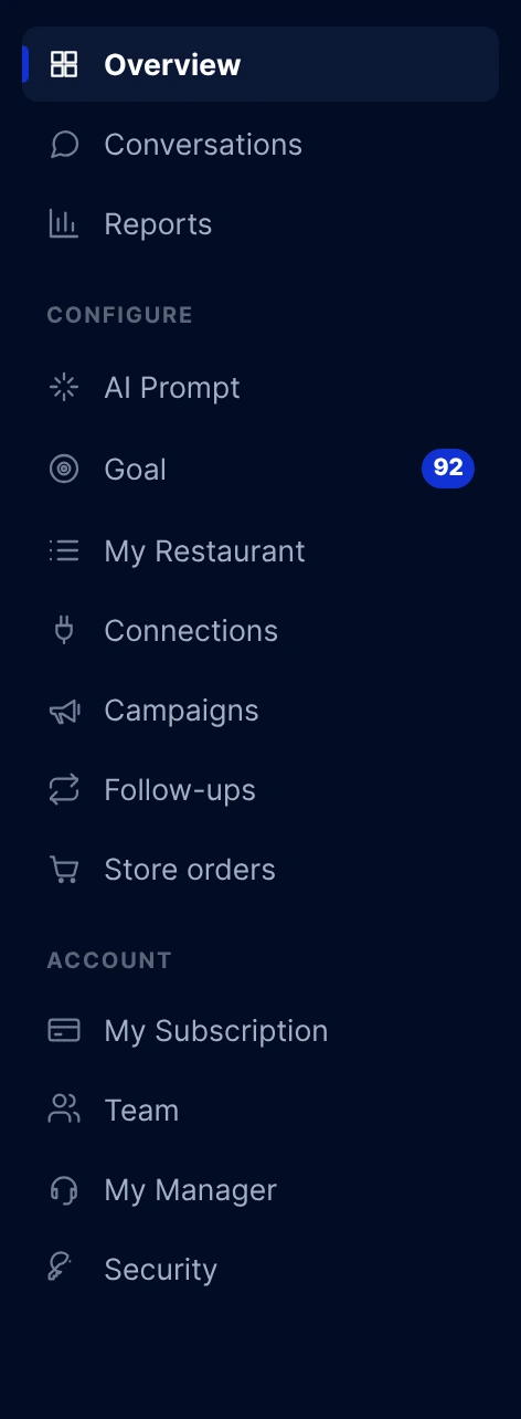 The sidebar: every page of the dashboard, grouped into Configure and Account, with the language switch and Sign out at the bottom.